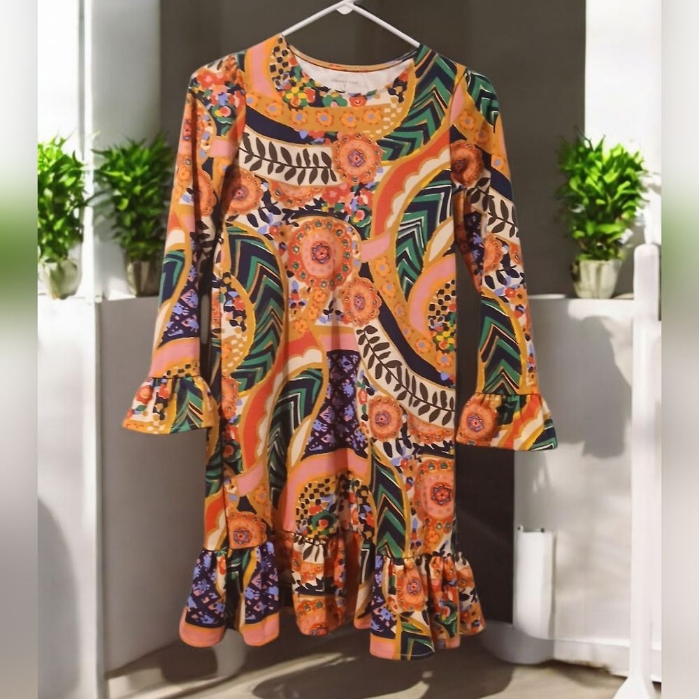 Lands End Ruffle Tiered Mini Dress Orange  Womans Size 12 Shift Artsy Abstract
